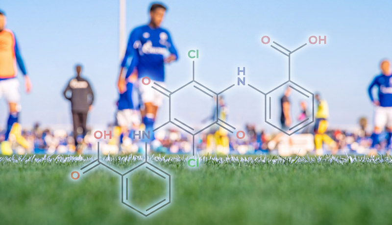 Terrain de football avec représentation moléculaire de la créatine kinase